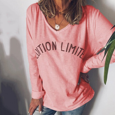 

Ladies Autumn Fashion Long Sleeve T-shirt V-neck Solid Color Printed Casual Shirt Womens Plus Size Loose Tops