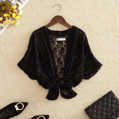 

Womens Solid Lace Hollow Out Blouse Kimono Cardigan Lace Up Short Sleeve Summer Shirt Cover Up Beach Blouse Plus Size