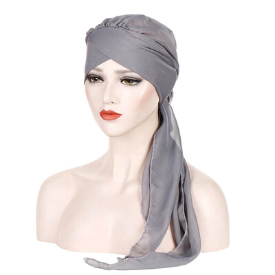 

Summer Pure Color Muslim Bonnet Hijab Forehead Cross Chiffon Long Tail Turban Hat Chemo Cap Head Scarf