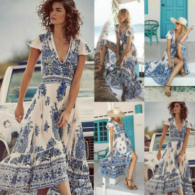 

Womens Maxi Boho Floral Summer Beach Long Slit Evening Cocktail Party Sun Dress