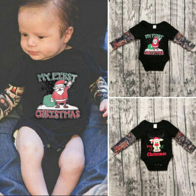 

UK My First Christmas Infant Baby Boy Tattoo Sleeve Romper Bodysuit Xmas Clothes