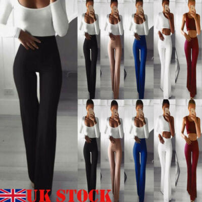 

UK STOCK Womens Sexy High Waist Plain Palazzo Wide Leg Flared Trousers OL Pants