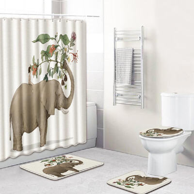

4pcsset Elephant Printed Pattern Water-resistant Shower Curtain Pedestal Rug Lid Toilet Cover Mat Non-slip Bath Mat Set Bathroom