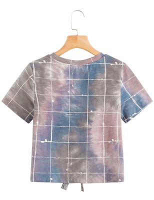 

2019 Fashion Women Knot Front Grid Print T Shirts Tie Dye Crop Top Cute Tee