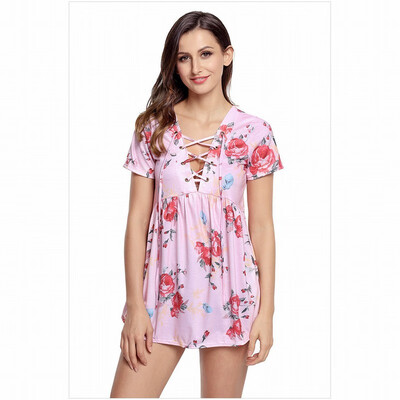 

Multi-color optional V-neck cross strap short-sleeved printed hem straight top