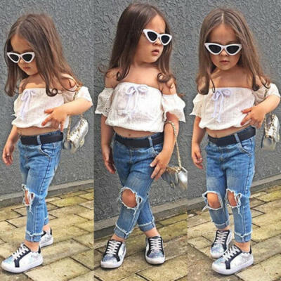 

Fashion Toddler Kids Baby Girls Off Shoulder TopsRipped Jeans Pants Outfits Set