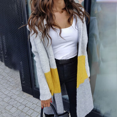 

2019 Women Fashion Casual Solid color Splice Hooded Sweater Medium&long section Sweater cardigan Coat