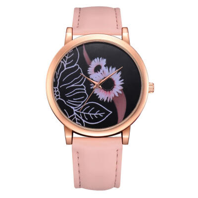 

Women Watches Rose Gold Border Flower Pattern Dial Ladies Quartz Wristwatch Leather Strap Clock Casual Zegarki Damskie