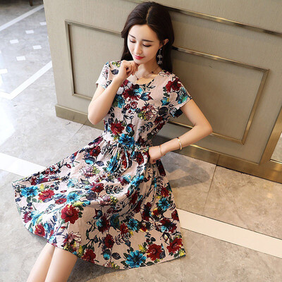 

Womens A-Line O-Neck Short Sleeve Floral Printed Casual Dress