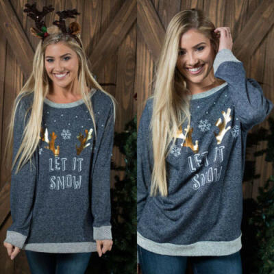 

Womens Xmas Casual T Shirt Pullover Christmas Reindeer Long Sleeve Tops Blouse