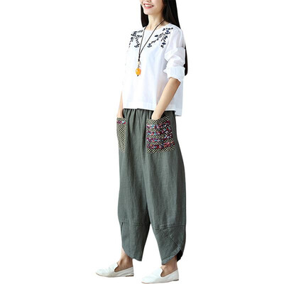 

Vintage Women Ethnic Splicing Harem Pants Elastic Waist Wide Leg Trousers Baggy Loose Cotton Linen Pants
