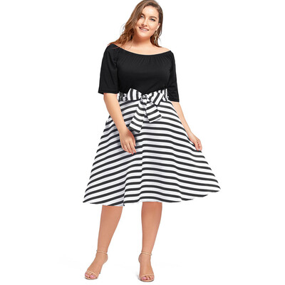 

Off The Shoulder Half Sleeve Stripe Print Bowknot A-line Plus Size Women Dress