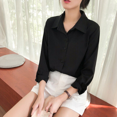 

2019 New Fashion Women Korean Temperament Wild Solid Color Loose V-neck Long-sleeved Chiffon Shirt