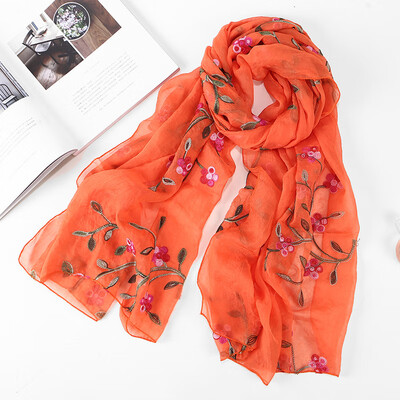 

2018 new ten miles peach chiffon flower embroidered silk scarf female travel photo sunscreen beach shawl wholesale