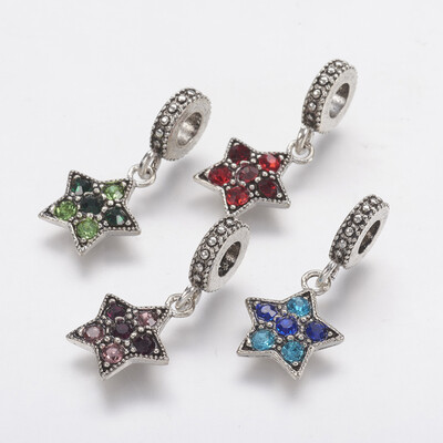 

Tibetan Style Alloy Rhinestone European Dangle Beads Large Hole Pendants Star Antique Silver Mixed Color 26mm Hole 45mm