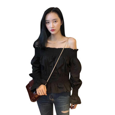 

Women Blouse Long Puff Sleeve Strapless Ruffled Solid Chiffon Fashion Tops
