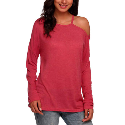 

Nomeni Womens Strappy Cold Shoulder T Shirt Loose Crew Neck Long Sleeve Top BKL