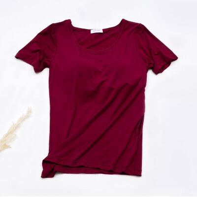 

Women Summer T-Shirts Solid Modal Chest Pad Built In T-shirt O-Neck Short Sleeve Women Tee Tops Breathable Cotton Clothes