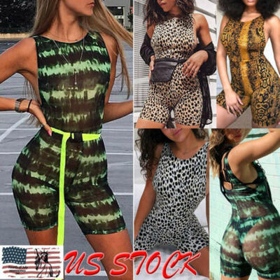 

US Women Casual Sleeveless Bodycon Romper Jumpsuit Leopard Bodysuit Short Pants