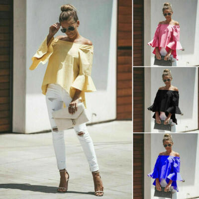 

Women Fashion Casual Sexy Off Shoulder Shirt Ruffle Sleeve T-shirt Blouse Tops