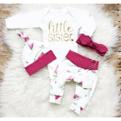 

Newborn Baby Girl Little Sister Romper Long Pants Hat Outfits Clothes 3PCS Set