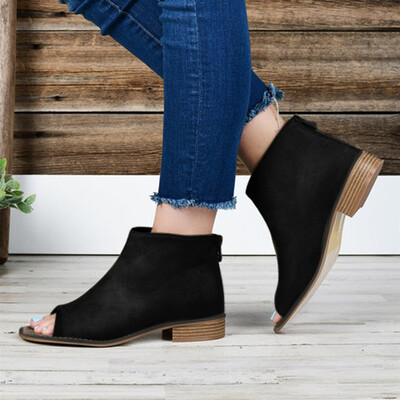 

Rose Womens Fish Mouth Casual Boots Square Heel Ankle Zipper Shoes Booties