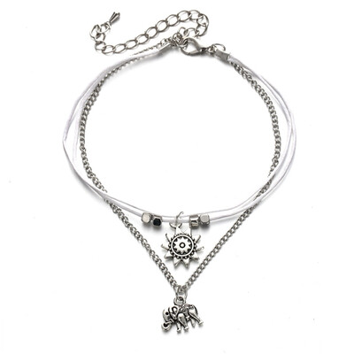 

Women Fashion Anklet Elephant Sun Three Layers Retro Pendant Jewelry