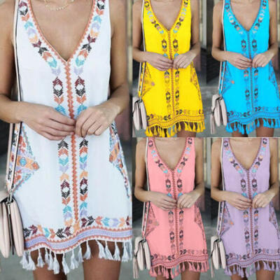 

USA Women Summer Boho Flower Print Mini Dress Party Beach Shirt Dresses Sundress