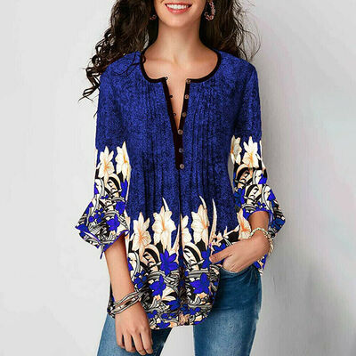 

Womens Boho Floral Print Loose Shirt Basic Tunic Tops V Neck Baggy Summer 34 Sleeve Blouse Plus Size
