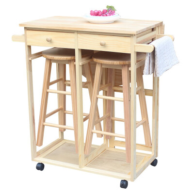 

Kitchen Island Rolling Trolley Cart Storage Dinning Table Stools Set Pine Wood