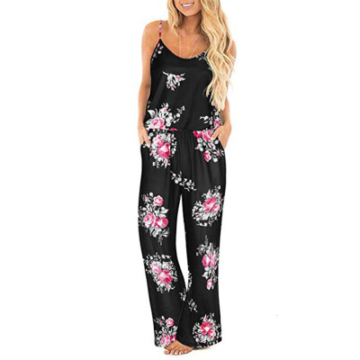 

Starmoon Women Summer Sexy Strap O Neck Print Waistband Lace-up Long Pants Jumpsuits