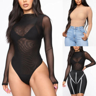 

Women Bodysuit Ladies Long Sleeve Top Bodysuit Lingerie Black Sheer Club UK