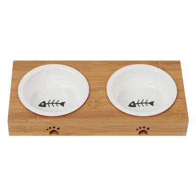 

Bamboo Wood Stainless Steel Ceramic Pet Double Bowls Dogs Food Water Feeder