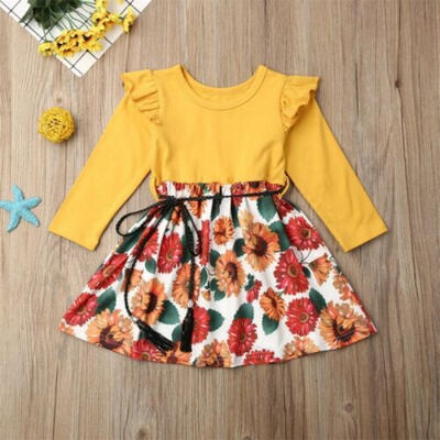 

US Toddler Baby Girls Kids Party Casual Dress Sunflower Ruffle Dresses Sundress