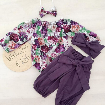 

Newborn Kids Baby Girl Floral Tops Romper Pants Headband Outfit Clothes 3PCS Set