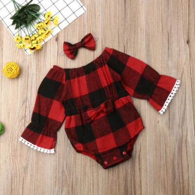 

Newborn Baby Girl Off-Shoulder Plaid Bowknot Romper Jumpsuit Bodysuit Clothes