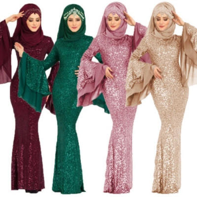 

Women Sequin Long Sleeve Evening Muslim Islam Kaftan Dubai Abaya Maxi Dress