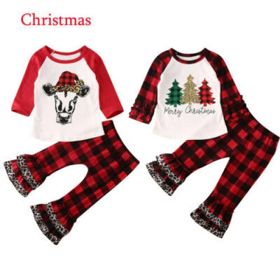 

Toddler Kid Baby Girl Clothes Merry Christmas T-shirt Plaids Pants Xmas Outfit