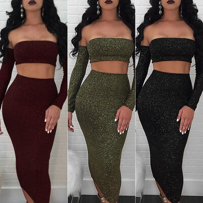 

Women 2 Piece Bodycon Long Sleeve Crop Top&Skirt Set Lace Up Dress Party