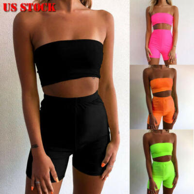 

US Women Crop Tops Short Pants Two-piece Playsuit Bodysuit Jumpsuit Romper Sets