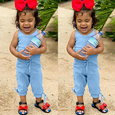 

Summer Infant Baby Girls Sleeveless Solid Lacing Bow Print Romper Jumpsuit