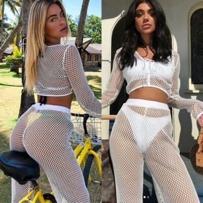 

Women Jumpsuit 2 Piece Outfits Mesh Crop Tops Long Pants Tracksuit Casual Set