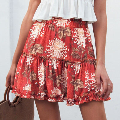 

Roseonmyhand Women Casual Beach Floral Print A-line Elastic Waist File Ruffle Short Skirt