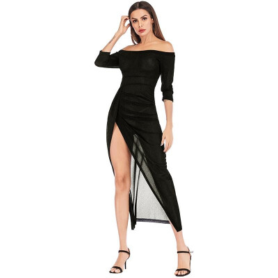 

New Sexy Women Shiny Maxi Dress Off Shoulder High Split Slash Neck Ruched Bodycon Club Party Long Dress