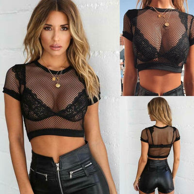 

Summer Women Sexy Sheer Mesh Crop Tops Tee Short Sleeve Shirt T-shirt Blouse