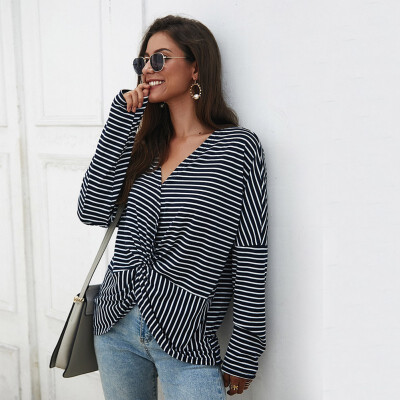 

Women Loose T Shirt V-Neck Summer Autumn T-shirt Wild Bow Stripes Print Tee Tops Loose Long Sleeve Casual Simple T-Shirt 2019