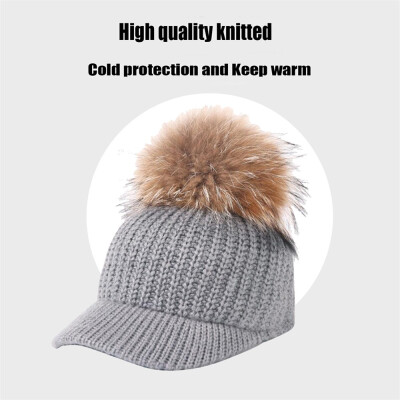 

Tailored Women Autumn Winter Outdoor Warm Fur Ball Hats Crochet Knit Holey Beanie Cap