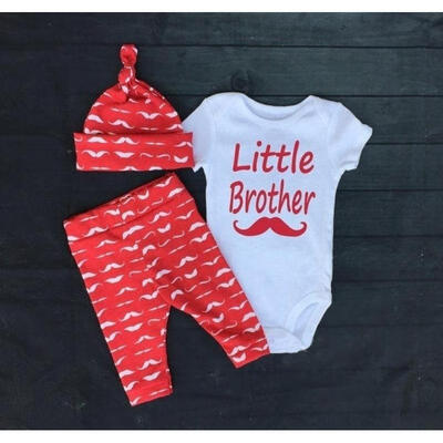 

Baby Boys Little Brother Short Sleeve Romper Bodysuit&Beards Pants Outfit with Hat