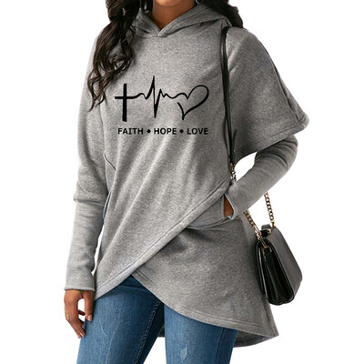 

Women Hoodie Faith Hope Love Print Irregular Hoodie Long Sleeve