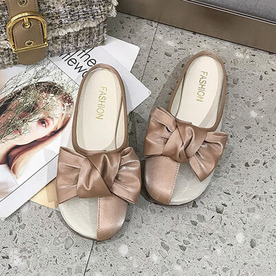 

Chic Big Head Half Slippers Cute Mesh Hollow Baotou Ribbon Bow Flat Super Soft Bottom Comfortable Mueller Shoes